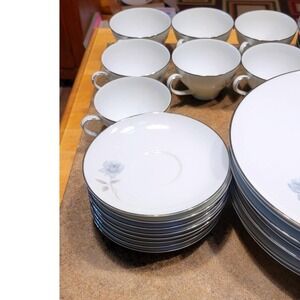 Noritake Simone Japan 6407 Fine China Tea Cups Saucers Plates Blue Rose Silver